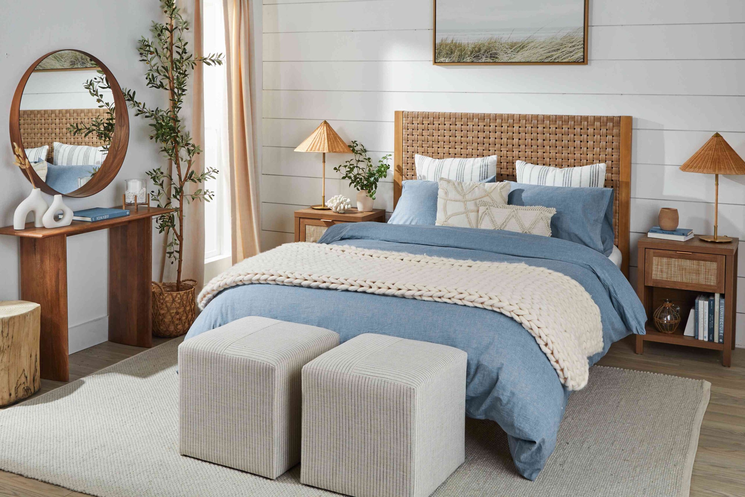 Crisp White Bedding with Blue Accents