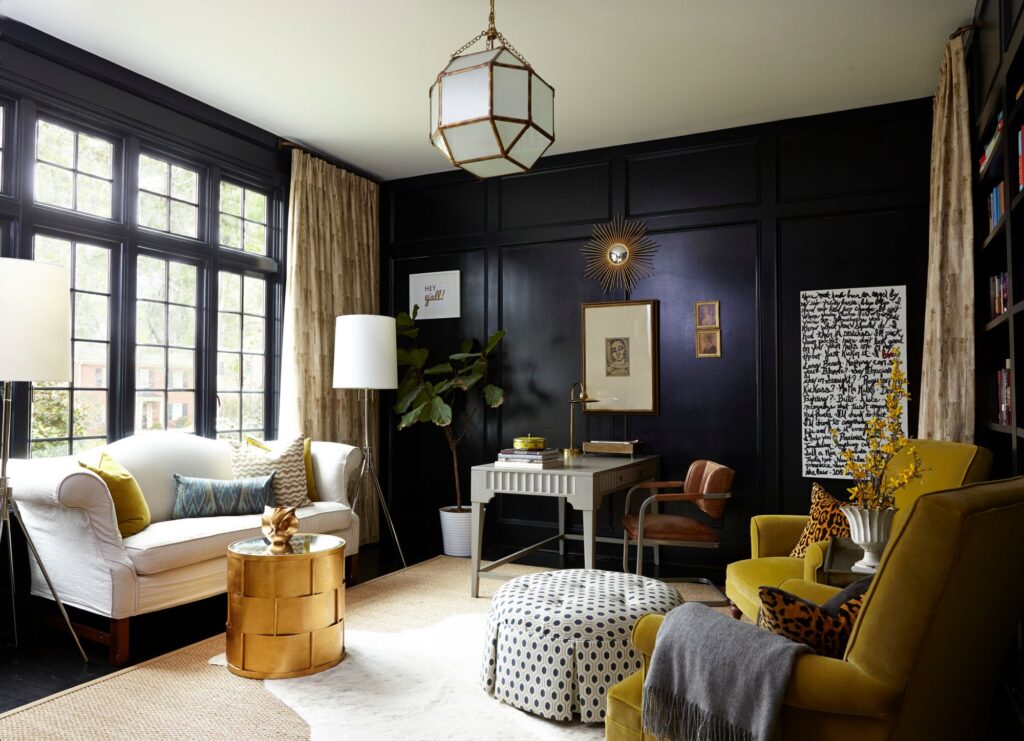 Emerald Velvet Sofa & Matte Black Walls
