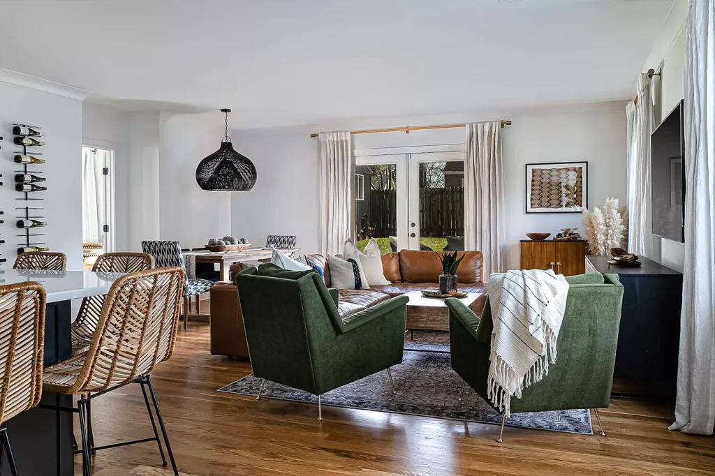 Olive Green Sectional with Black Wood Furniture
