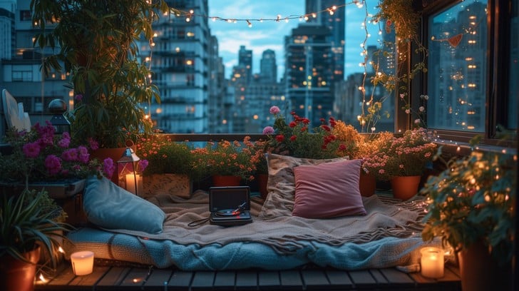 Twilight Oasis Balcony: Cozy Nighttime Escape
