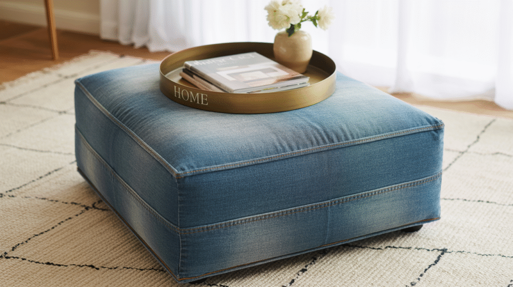 Denim upholstered ottoman