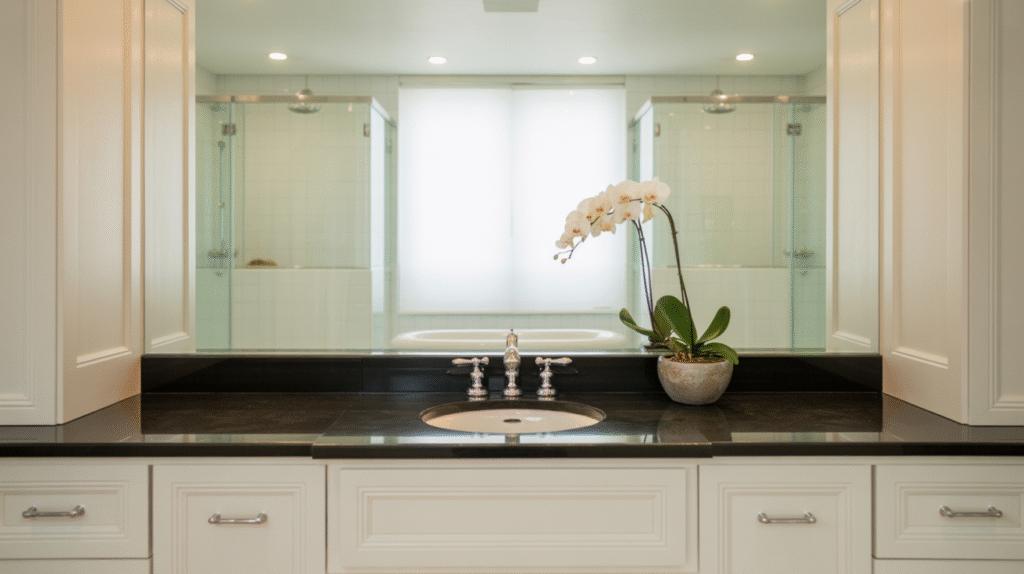 Black Stone Countertops with White Cabinets