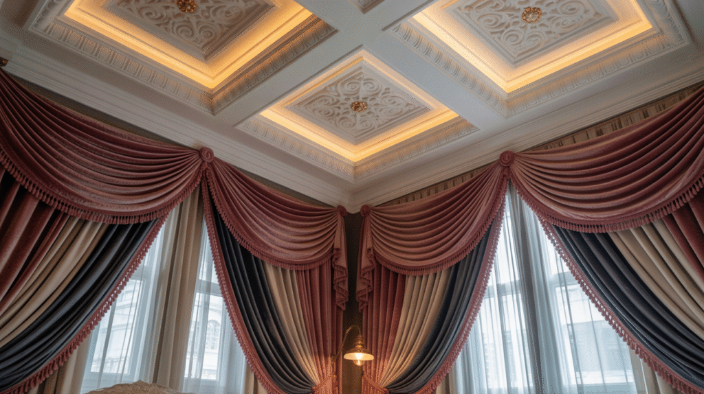 Coffered Ceiling and Velvet Curtains