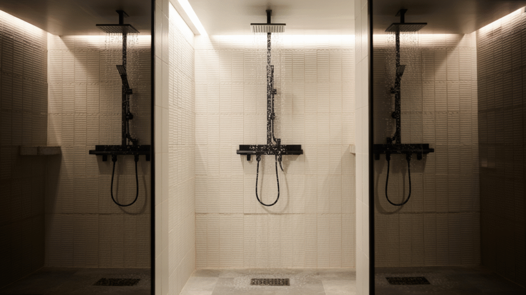 Textured White Shower Wall with Black Hardware