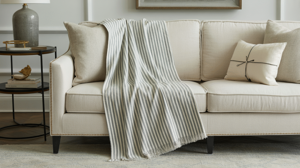 Gray and White Striped Throw