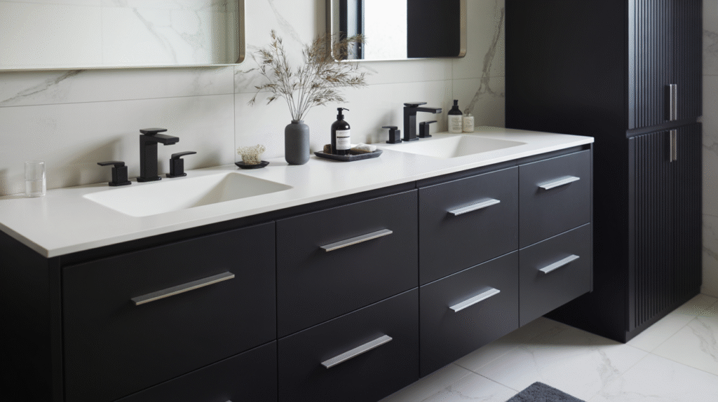 Matte Black Vanity with White Countertop
