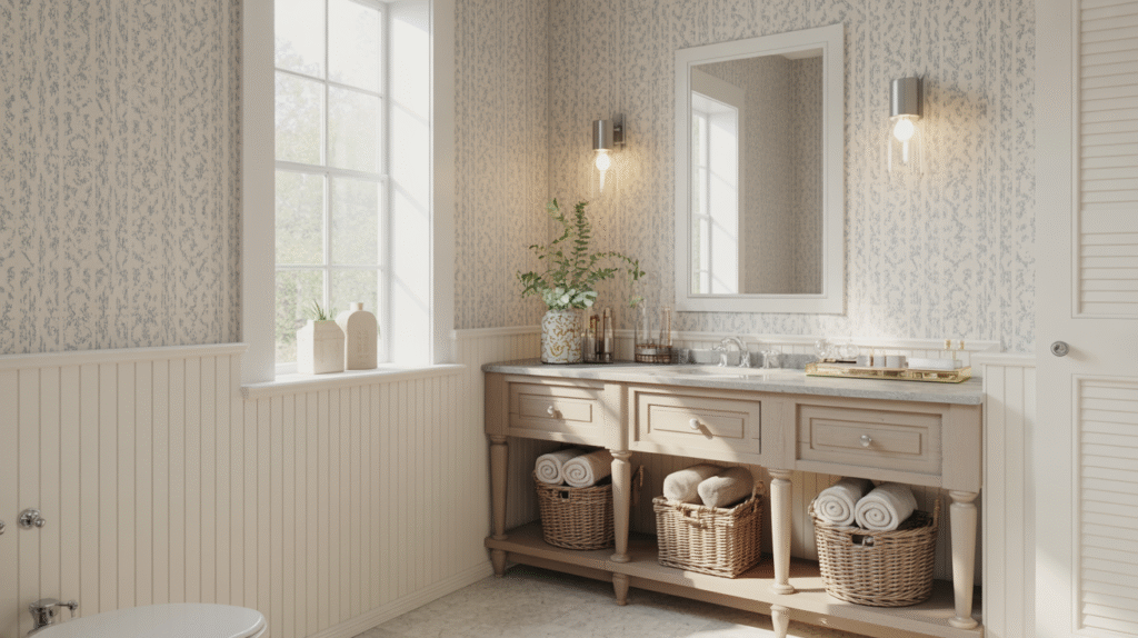 Patterned Wallpaper and Open Vanity