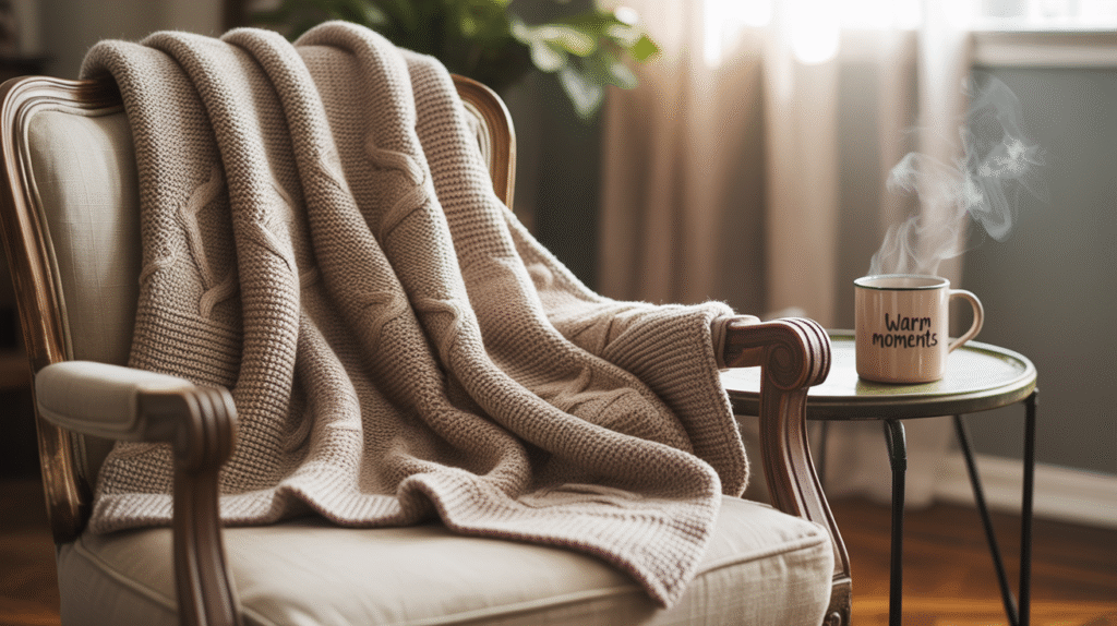 Beige Knitted Throw Blanket