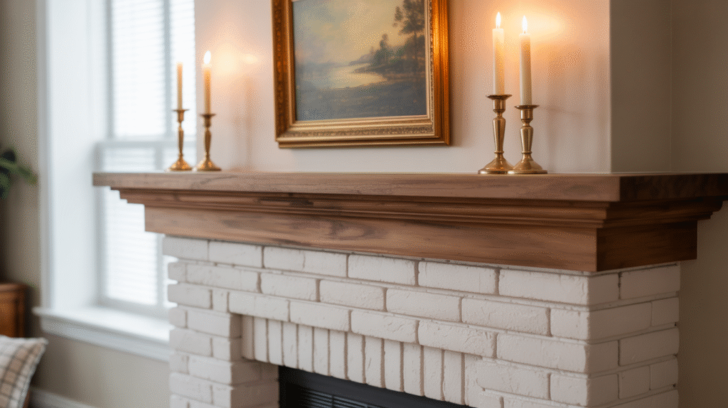 Painted White Brick with Dark Wood Mantel
