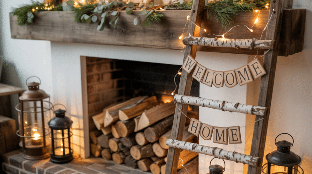 Repurposed Ladder as a Mantel