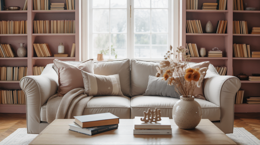 Muted Pink Bookshelves