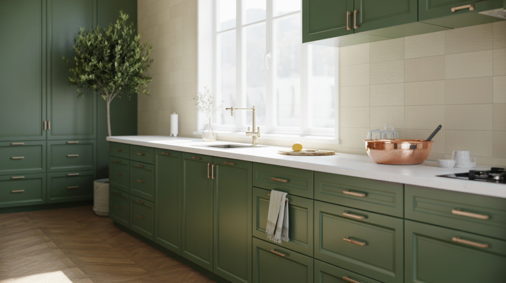 Dark Green Cabinets for a Forest Feel