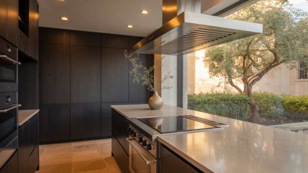 Beige Stone Floors with Charcoal Cabinets