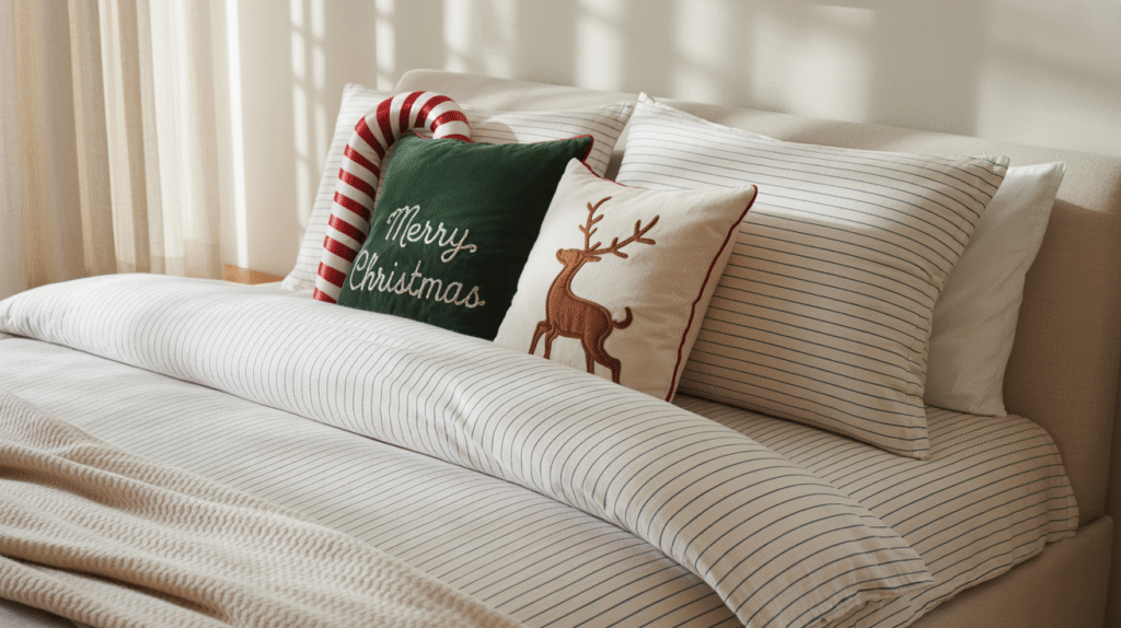 Striped Bedding with Holiday Pillows