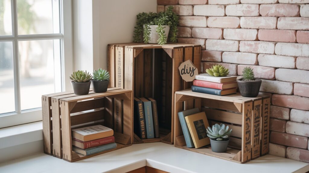 DIY Crate Corner Shelf