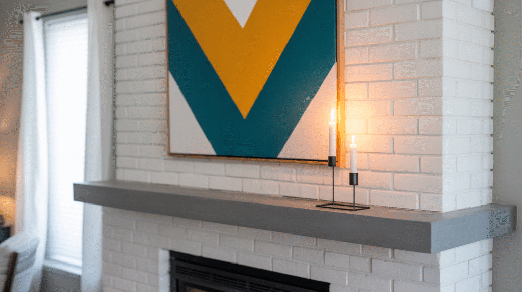 Chevron Patterned Artwork Above White Brick
