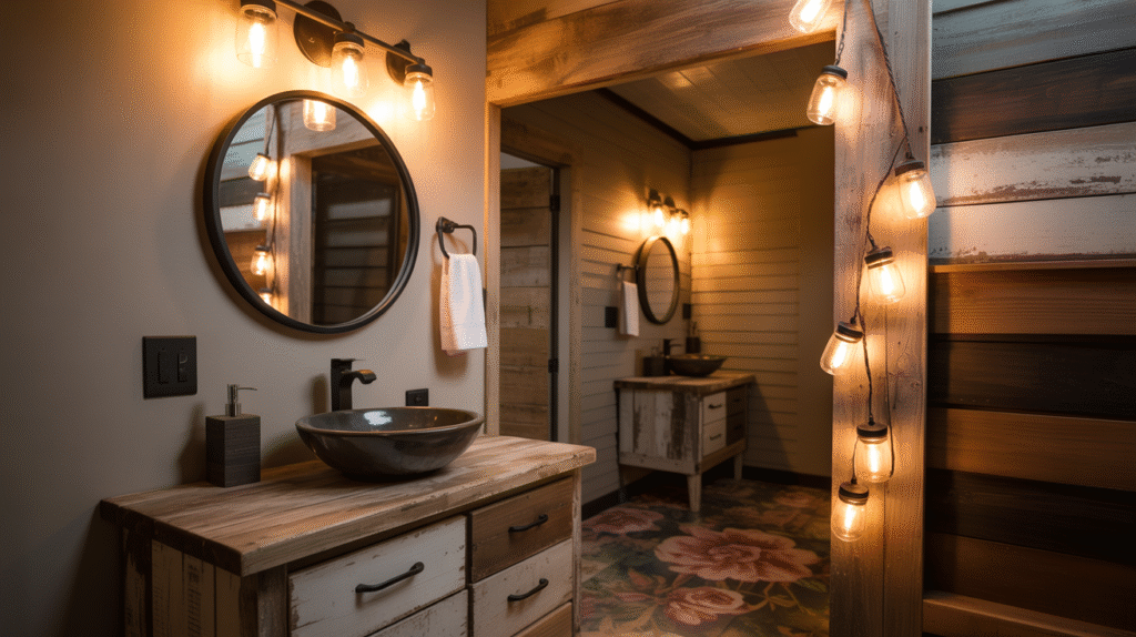 Mason Jar Lights and Round Mirror