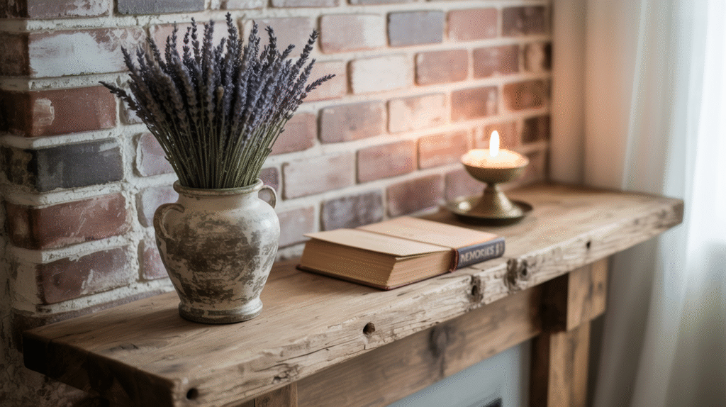 Reclaimed Wood Mantel and White Brick