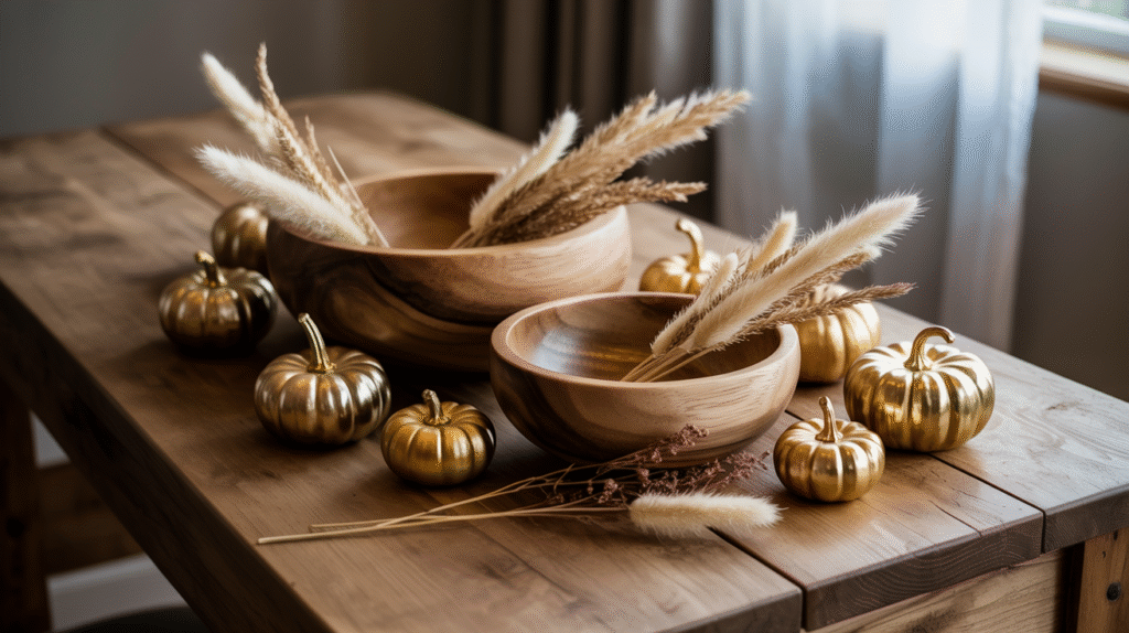  Wooden Bowls and Small Gold Pumpkins
