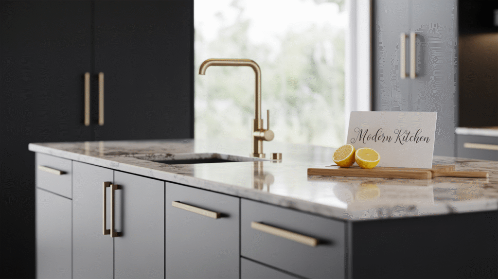 Matte Black Cabinets with Light Granite Counters
