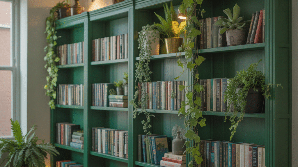 Green Bookshelf as a Statement Piece