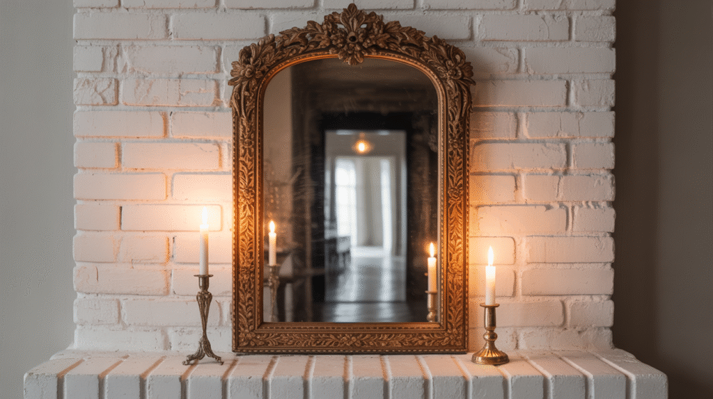 Ornate Mirror Above White Brick
