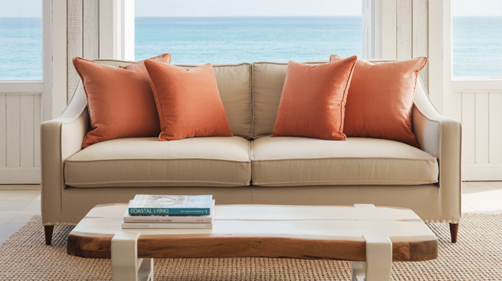 Coral Accent Pillows & Sand Sofa
