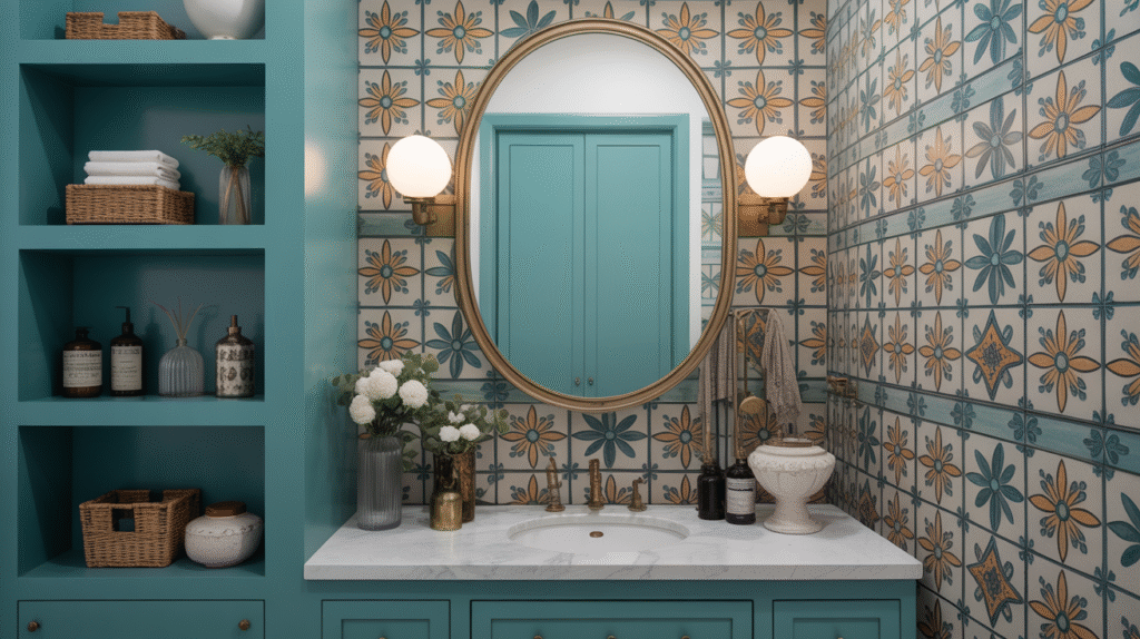 Mediterranean Feel with Teal Shelving and Patterns