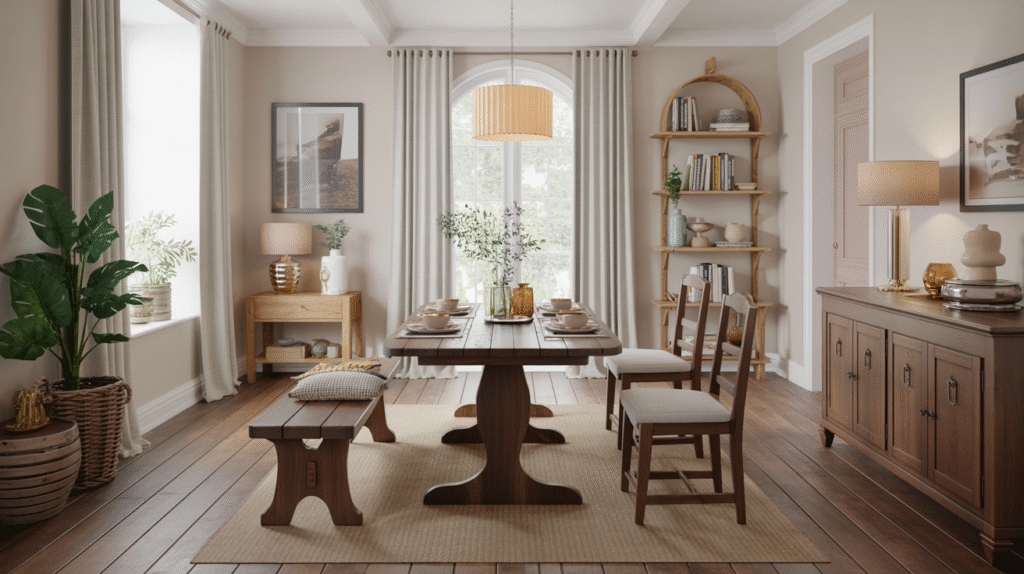 Cushioned Bench & Pedestal Table