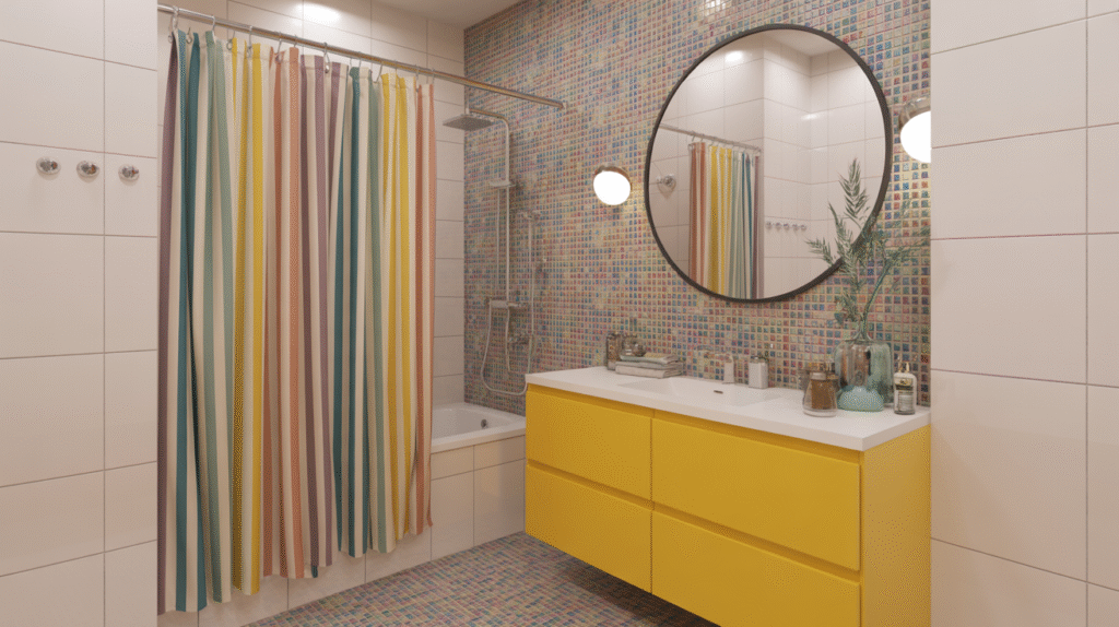 Playful Vibes with a Rainbow Curtain and Mosaic Wall