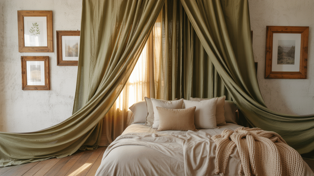 Olive Drapes and Rustic Frames