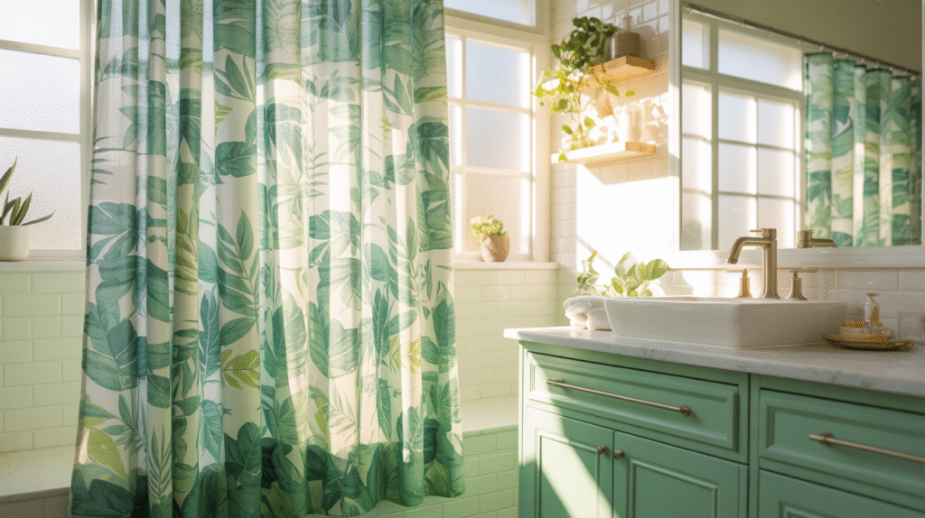 Leaf-Print Shower Curtain with Seafoam Vanity for a Cheerful Touch