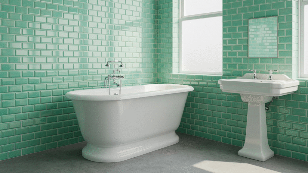 Mint-Green Subway Tiles Paired with White Fixtures for Spa-Like Serenity