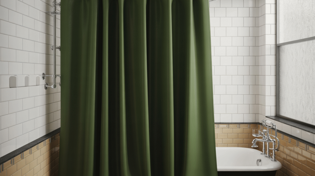 Forest-Green Curtain Contrast to Add Depth in a Neutral Bathroom