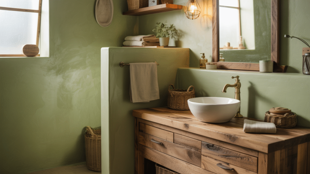 Sage-Green Walls Matched with Rustic Wood Vanity for an Earthy Appeal