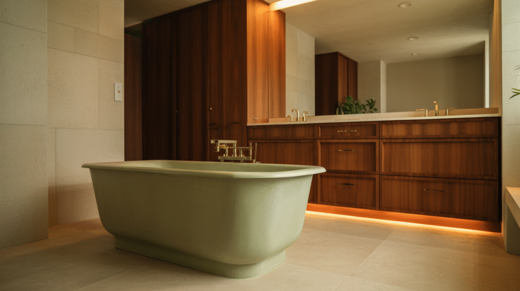 Sage-Green Freestanding Tub Framed by Wooden Cabinetry for Spa Luxury