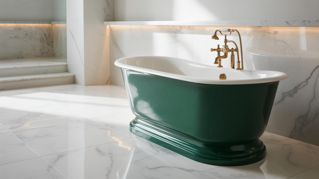 Gold-Accented Green Bathtub as the Eye-Catching Centerpiece