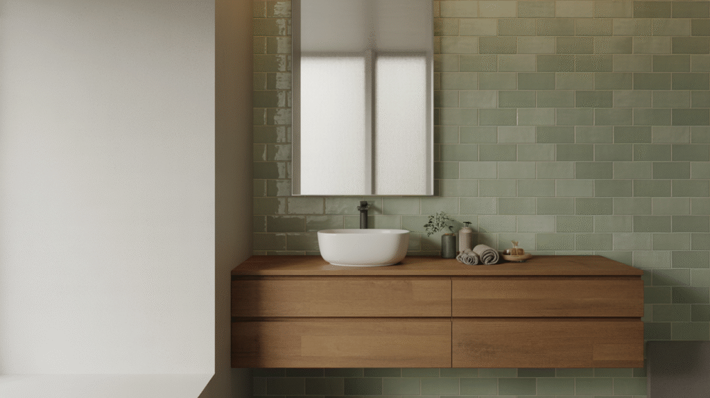 Green Tiles Paired with Warm Wood Accents for Scandinavian Warmth