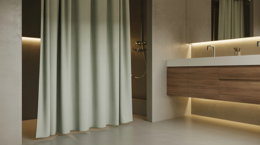 Soft Gray Curtain & Floating Vanity