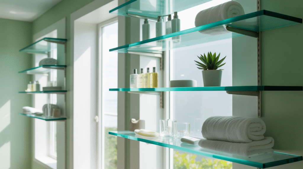Green-Tinted Glass Shelves Reflecting Light for an Airy Bathroom Feel