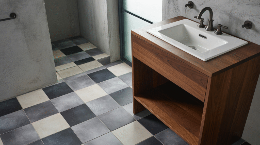 Industrial Checkerboard Floor & Open Vanity