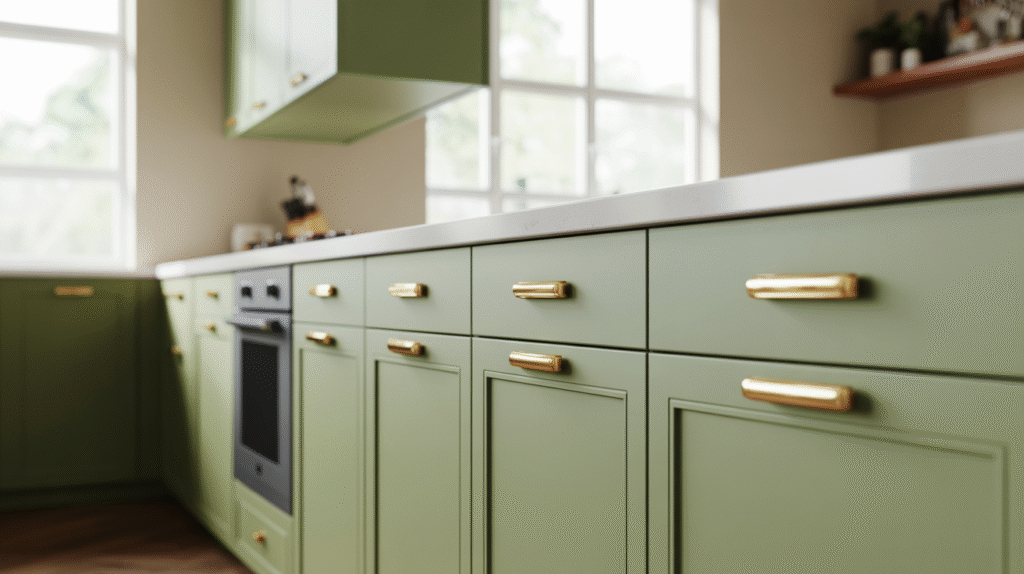 Light-Green Cabinets with Sleek Brass Pulls for a Classic Modern Look