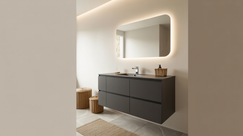 Charcoal Satin Vanity & Framed Mirror Glow