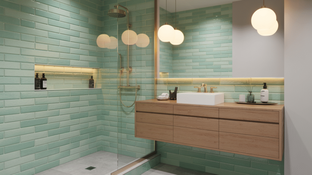 Sage-Green Tile Retreat Blended with Warm Wood and White Details