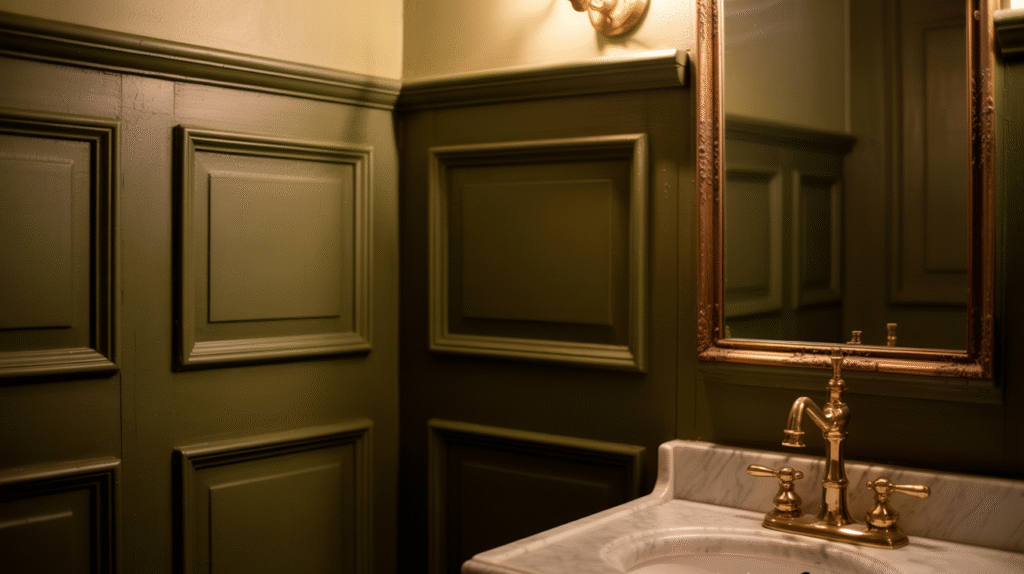 Deep-Green Wall Paneling Combined with Brass Fixtures for Vintage Charm