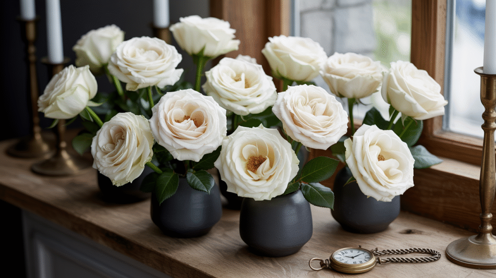 White Roses in Black Vases