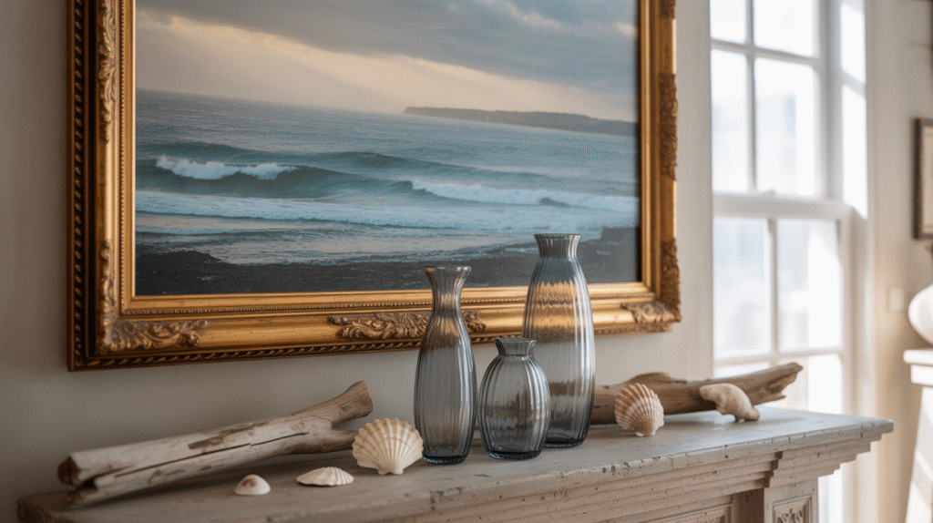 Framed Ocean Artwork Sets a Tranquil and Inviting Mood