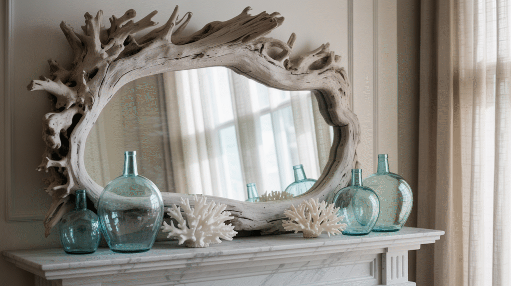 Oversized Driftwood Mirror Creates a Bold Coastal Statement