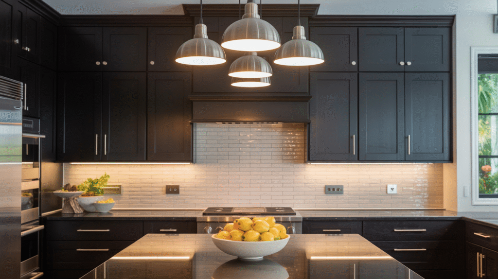 Bold Black Cabinets Balanced with Reflective Surfaces