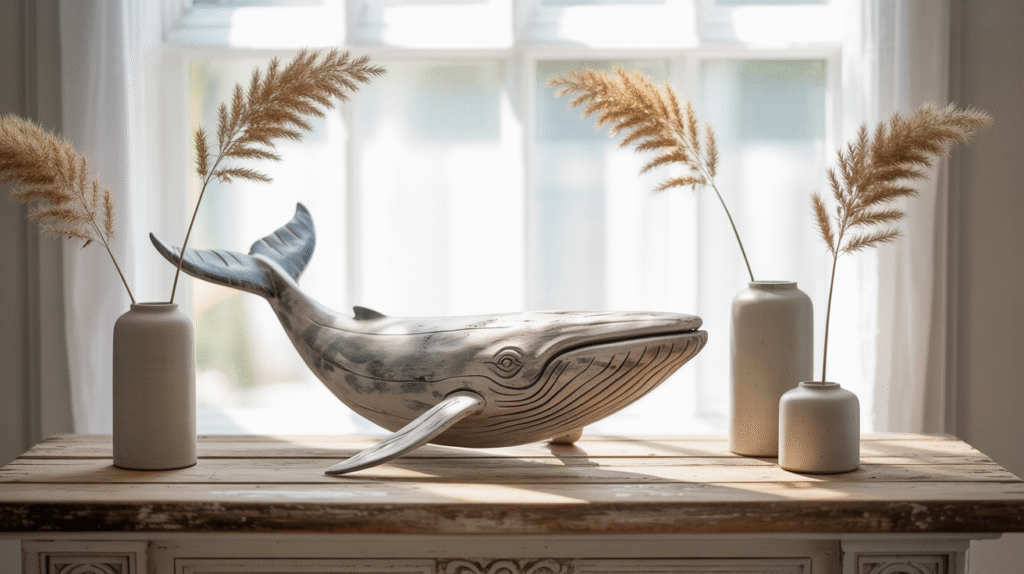 Weathered Wooden Whale Serves as a Bold, Beachy Centerpiece